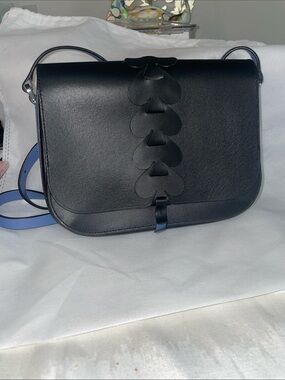 kate spade Black Leather Crossbody with Spade Petal Accent and Blue Strap